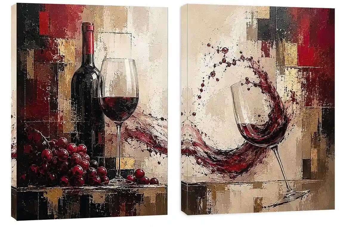 Red wine canvas art with grapes, bottle, and wine glasses for dining room and home bar decor.