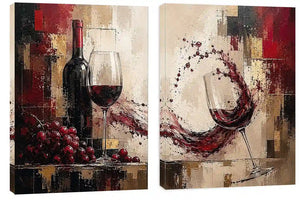 Red wine canvas art with grapes, bottle, and wine glasses for dining room and home bar decor.