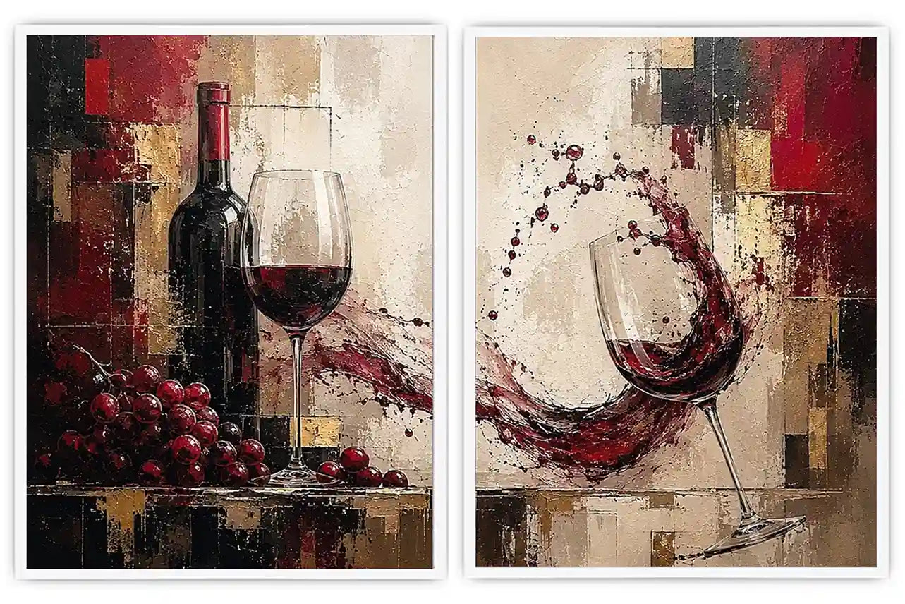 Red wine canvas art with grapes, bottle, and wine glasses for dining room and home bar decor.
