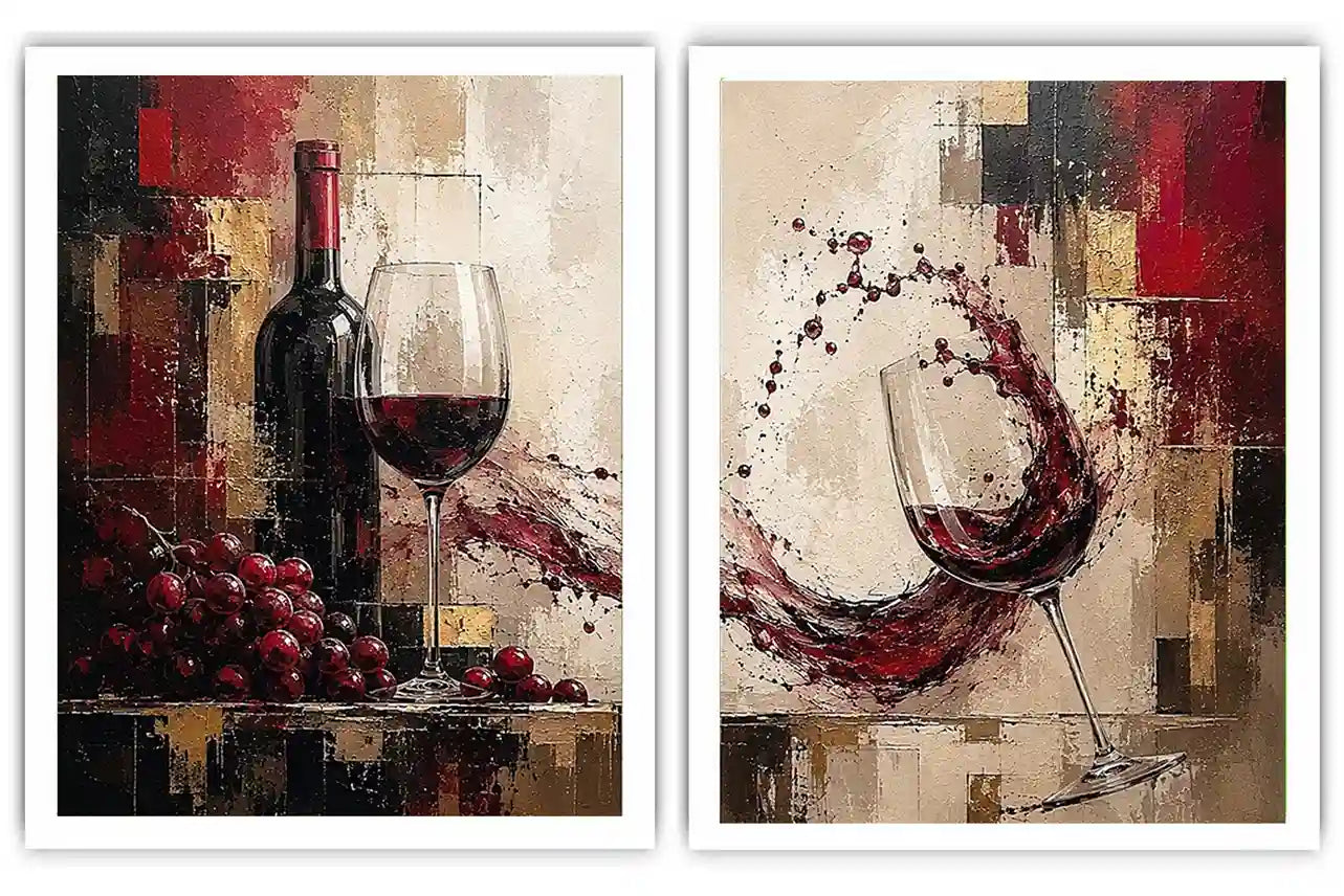 Red wine canvas art with grapes, bottle, and wine glasses for dining room and home bar decor.