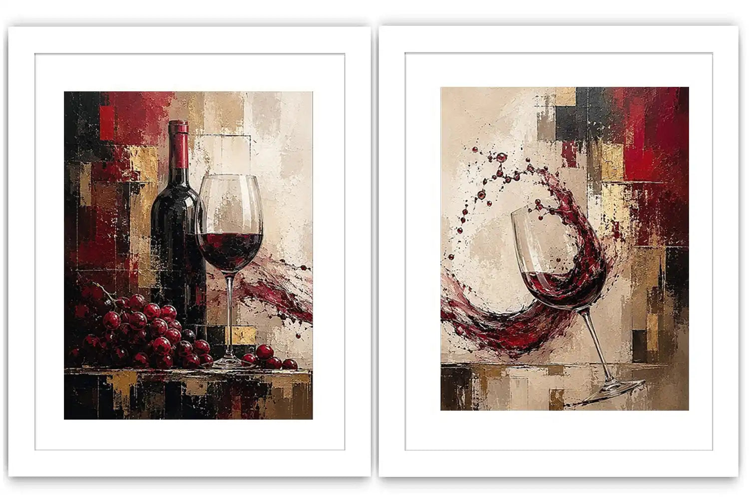 Red wine canvas art with grapes, bottle, and wine glasses for dining room and home bar decor.