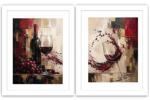 Red wine canvas art with grapes, bottle, and wine glasses for dining room and home bar decor.