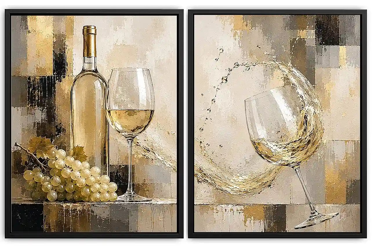 White wine canvas art with grapes, bottle, and glassware for elegant dining room and home bar decor.