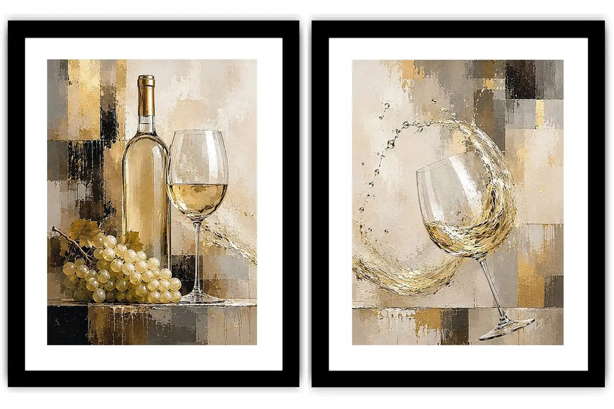 White wine canvas art with grapes, bottle, and glassware for elegant dining room and home bar decor.