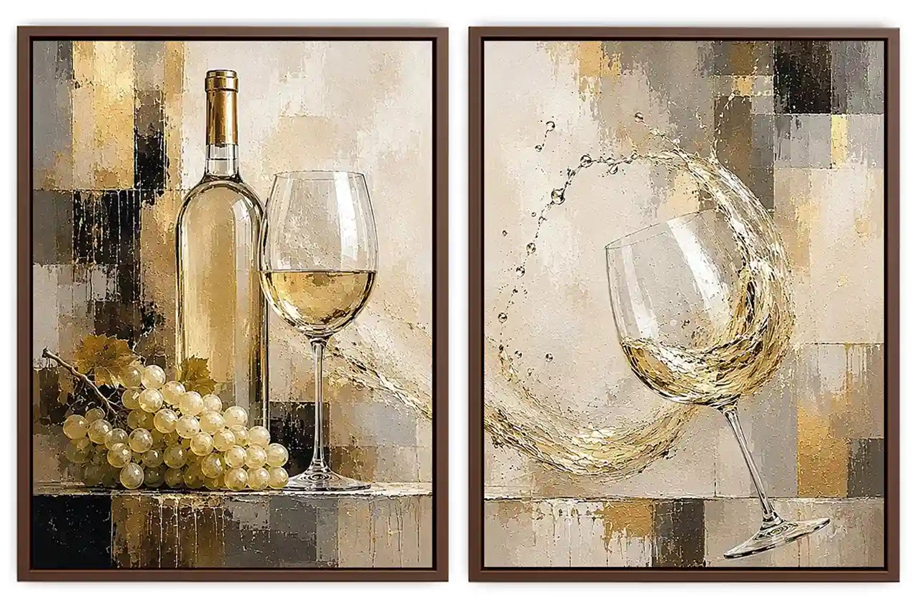 White wine canvas art with grapes, bottle, and glassware for elegant dining room and home bar decor.
