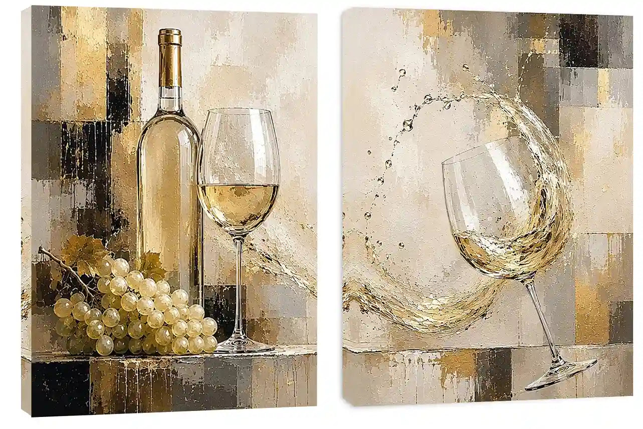 White wine canvas art with grapes, bottle, and glassware for elegant dining room and home bar decor.