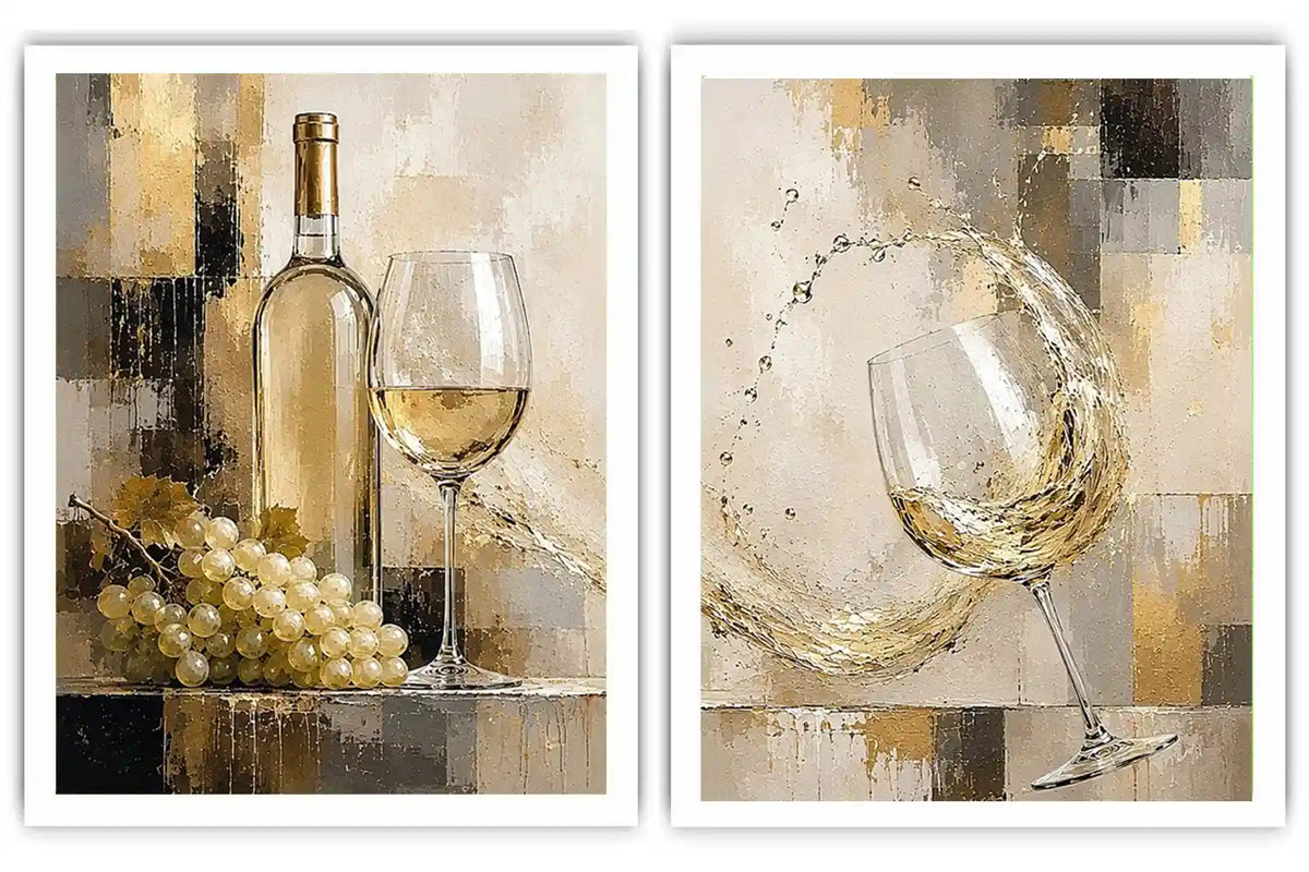 White wine canvas art with grapes, bottle, and glassware for elegant dining room and home bar decor.