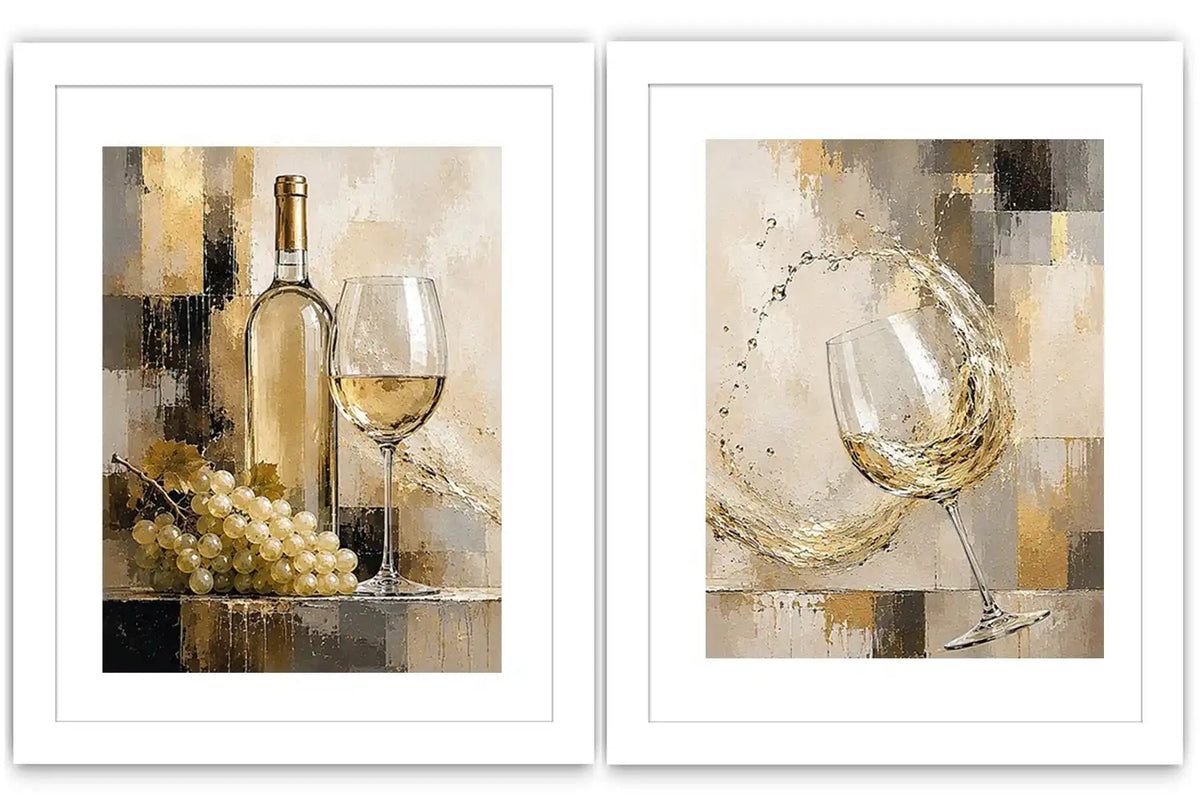 White wine canvas art with grapes, bottle, and glassware for elegant dining room and home bar decor.