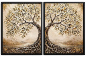 Golden tree of life diptych canvas art with intertwined roots for luxury living room decor