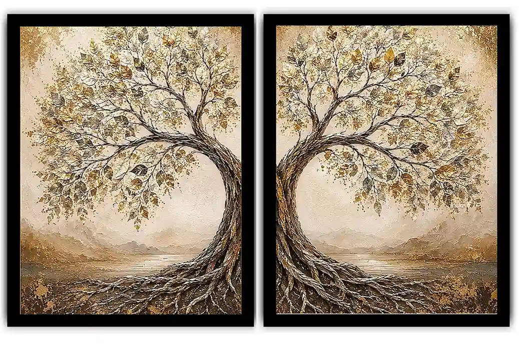 Golden tree of life diptych canvas art with intertwined roots for luxury living room decor