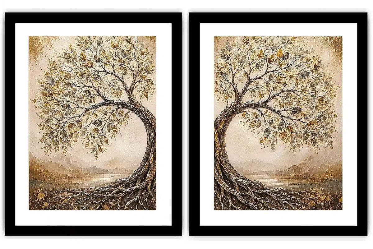 Golden tree of life diptych canvas art with intertwined roots for luxury living room decor