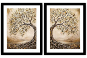 Golden tree of life diptych canvas art with intertwined roots for luxury living room decor