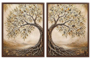 Golden tree of life diptych canvas art with intertwined roots for luxury living room decor