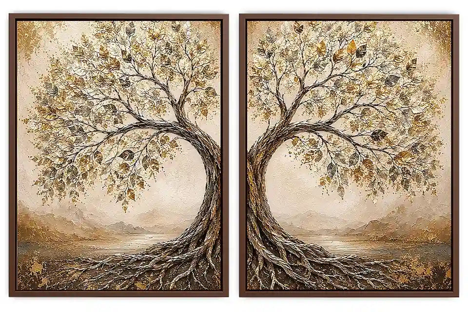 Golden tree of life diptych canvas art with intertwined roots for luxury living room decor