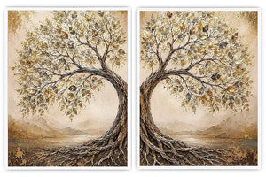 Golden tree of life diptych canvas art with intertwined roots for luxury living room decor