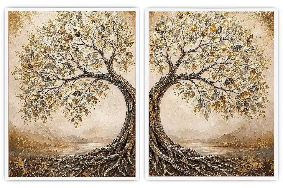 Golden tree of life diptych canvas art with intertwined roots for luxury living room decor