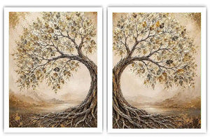 Golden tree of life diptych canvas art with intertwined roots for luxury living room decor