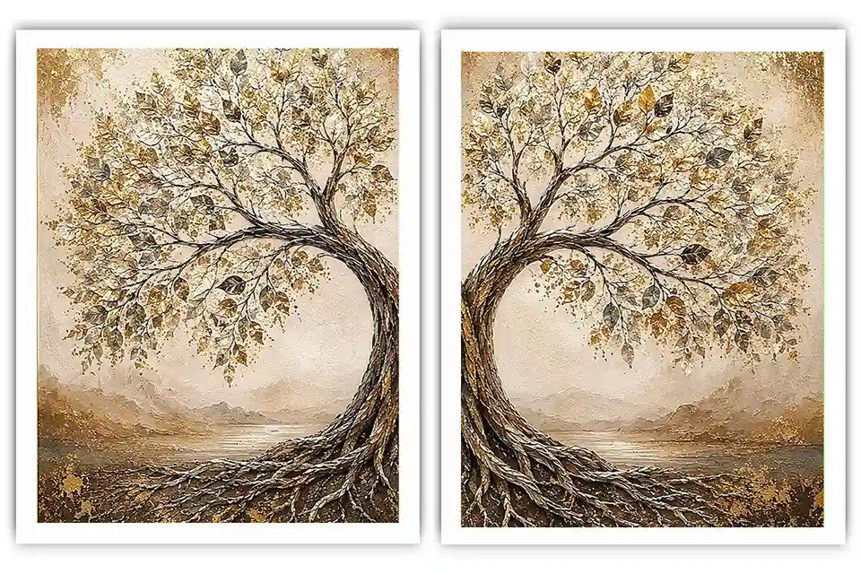 Golden tree of life diptych canvas art with intertwined roots for luxury living room decor