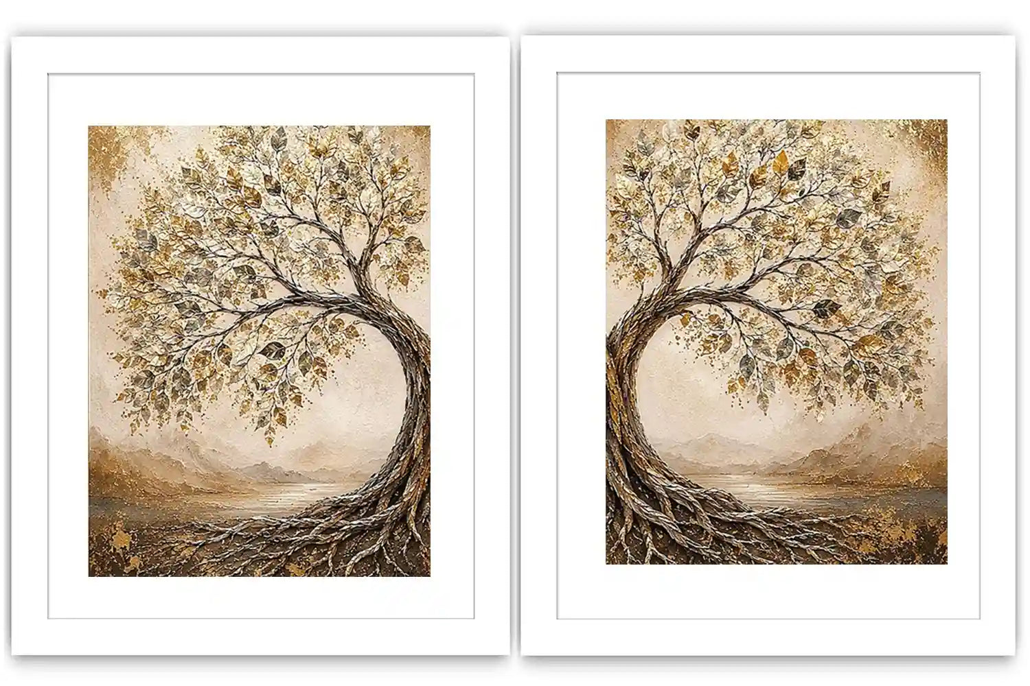 Golden tree of life diptych canvas art with intertwined roots for luxury living room decor