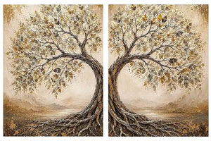 Golden tree of life diptych canvas art with intertwined roots for luxury living room decor