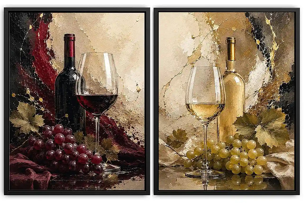 Red and white wine canvas art with bottles, glasses, grapes, and vine leaves for dining room decor.