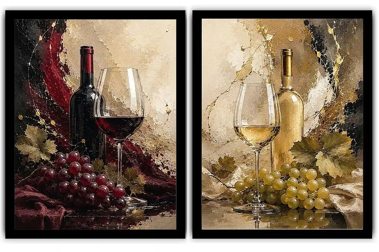 Red and white wine canvas art with bottles, glasses, grapes, and vine leaves for dining room decor.