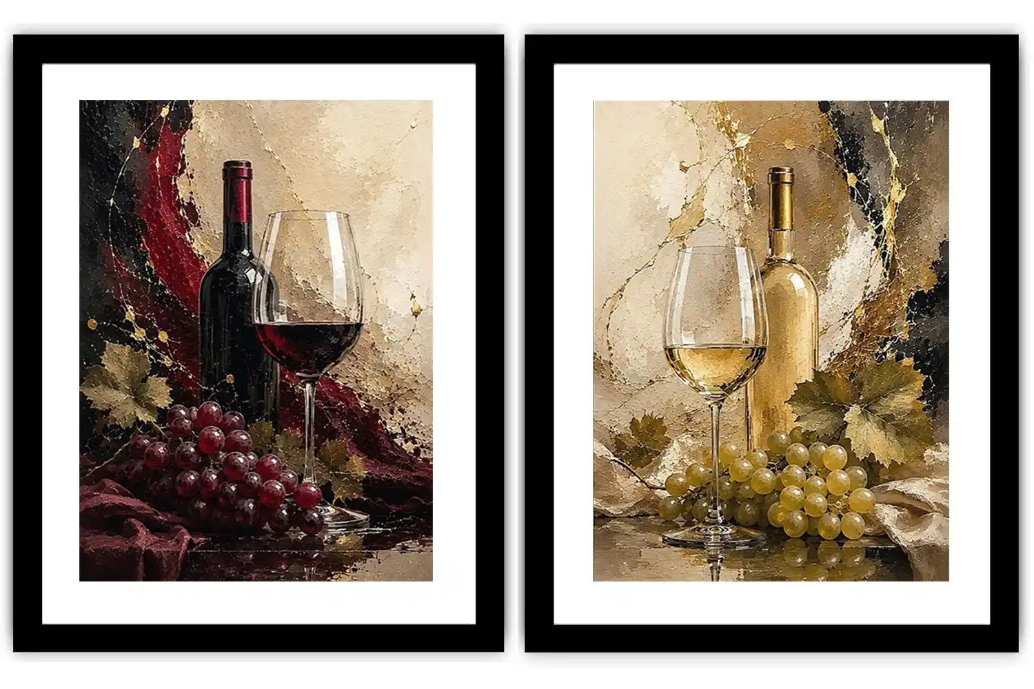 Red and white wine canvas art with bottles, glasses, grapes, and vine leaves for dining room decor.