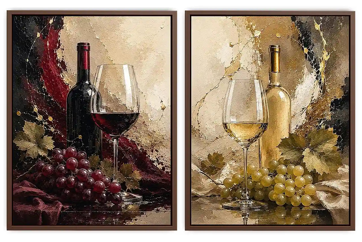 Red and white wine canvas art with bottles, glasses, grapes, and vine leaves for dining room decor.