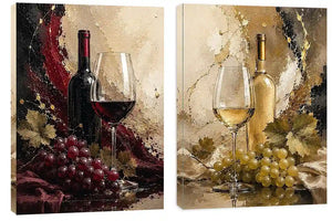 Red and white wine canvas art with bottles, glasses, grapes, and vine leaves for dining room decor.