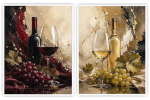 Red and white wine canvas art with bottles, glasses, grapes, and vine leaves for dining room decor.