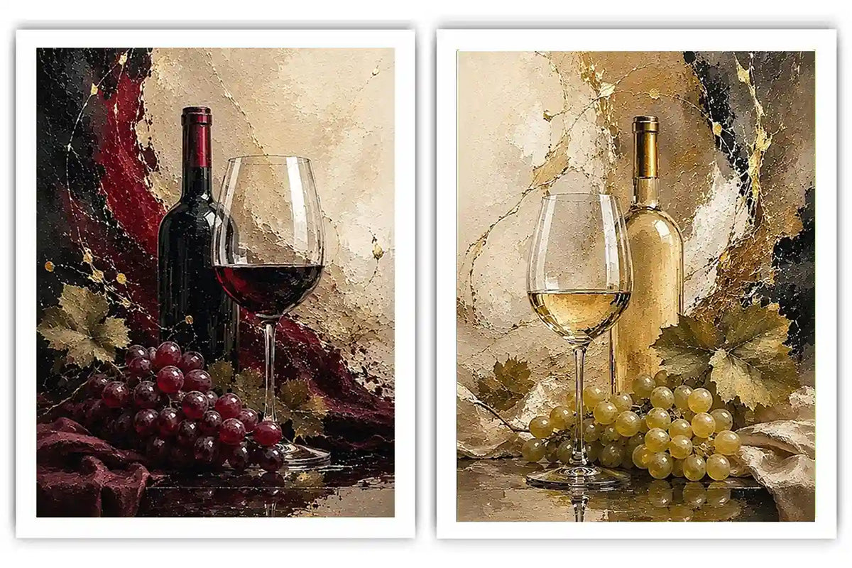 Red and white wine canvas art with bottles, glasses, grapes, and vine leaves for dining room decor.
