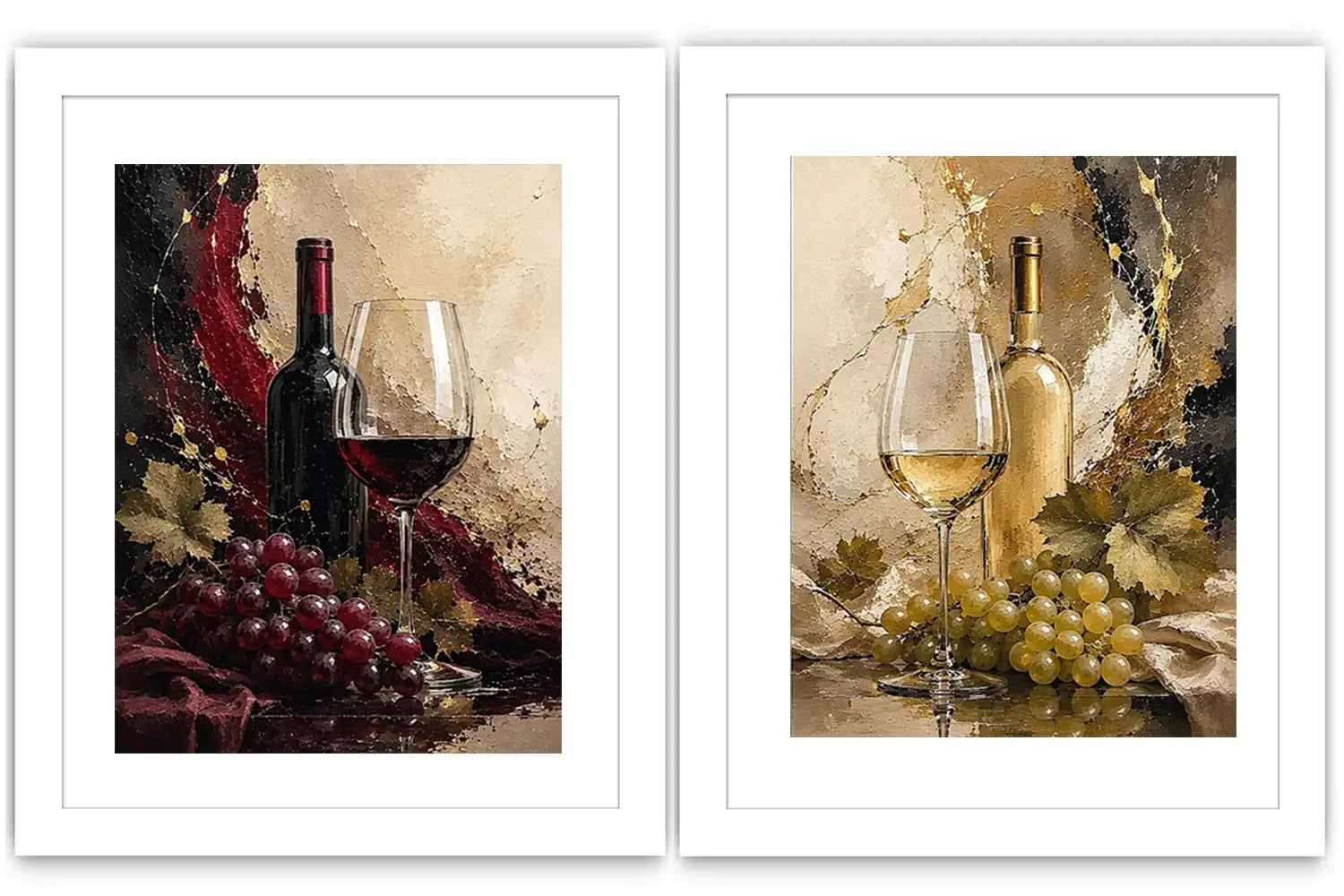 Red and white wine canvas art with bottles, glasses, grapes, and vine leaves for dining room decor.