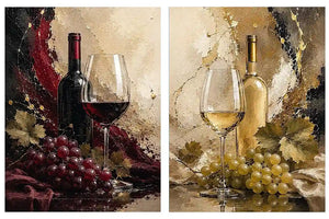 Red and white wine canvas art with bottles, glasses, grapes, and vine leaves for dining room decor.