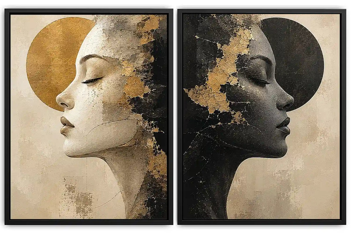 Abstract female profile diptych canvas art in black, beige and gold for luxury living room decor.