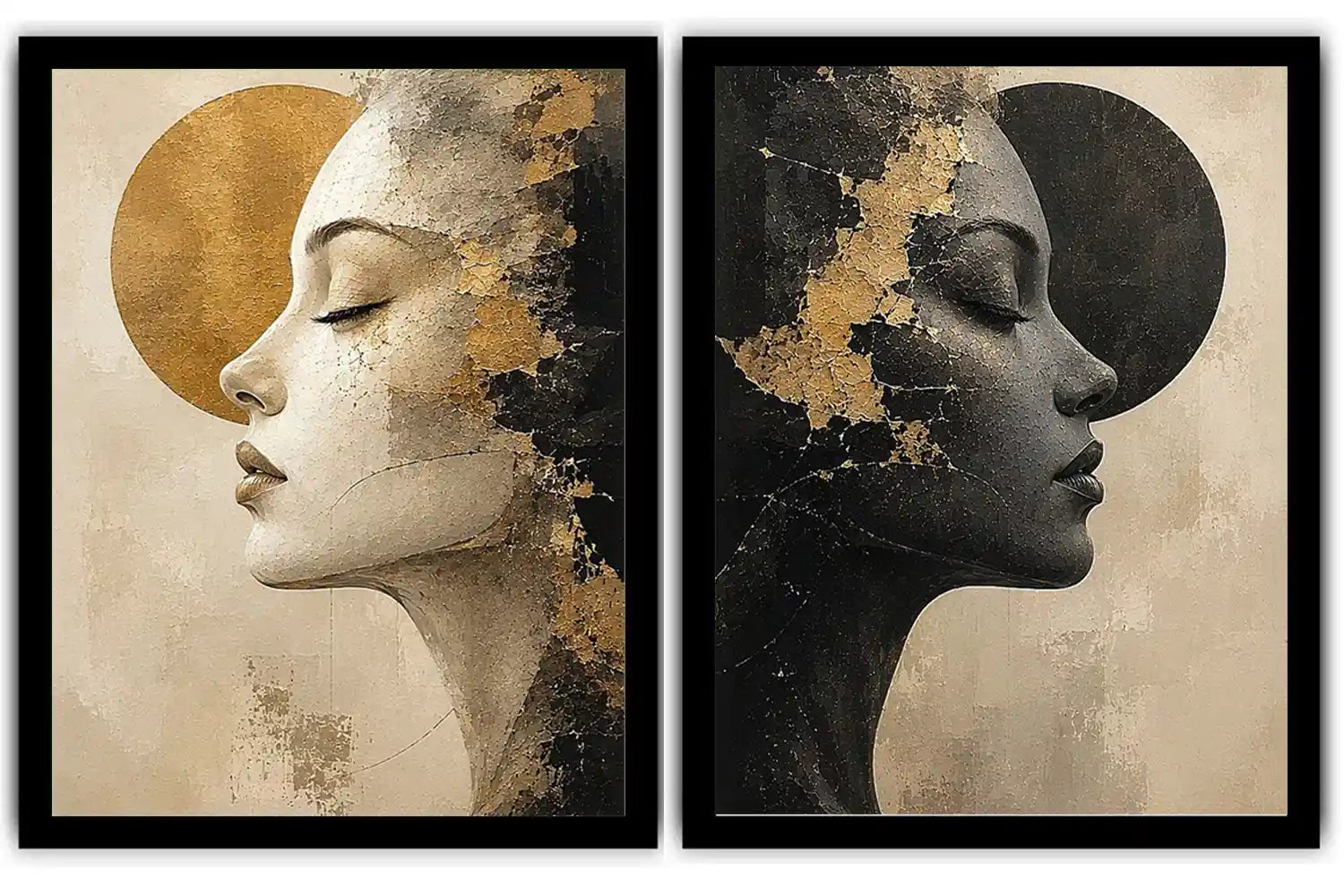 Abstract female profile diptych canvas art in black, beige and gold for luxury living room decor.