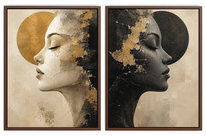 Abstract female profile diptych canvas art in black, beige and gold for luxury living room decor.