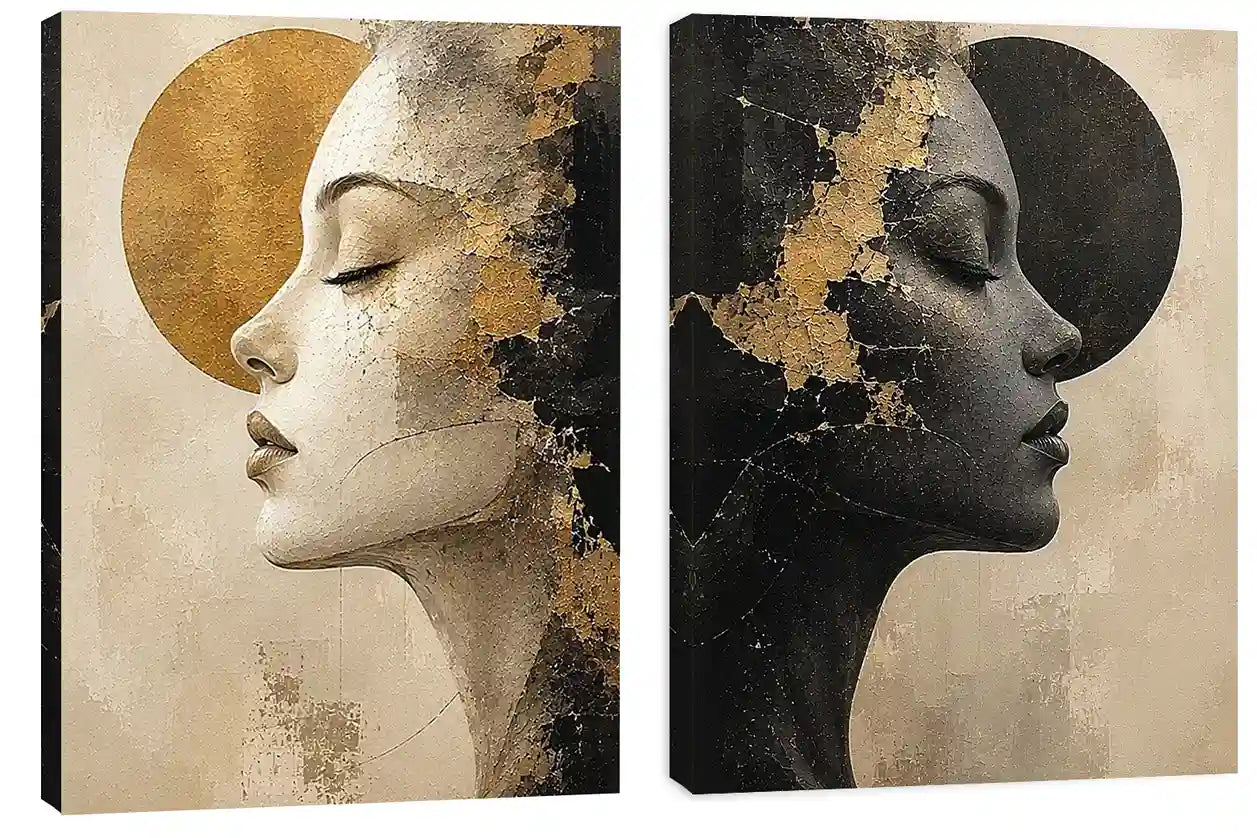 Abstract female profile diptych canvas art in black, beige and gold for luxury living room decor.