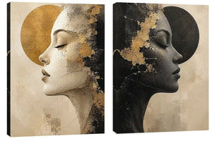 Abstract female profile diptych canvas art in black, beige and gold for luxury living room decor.