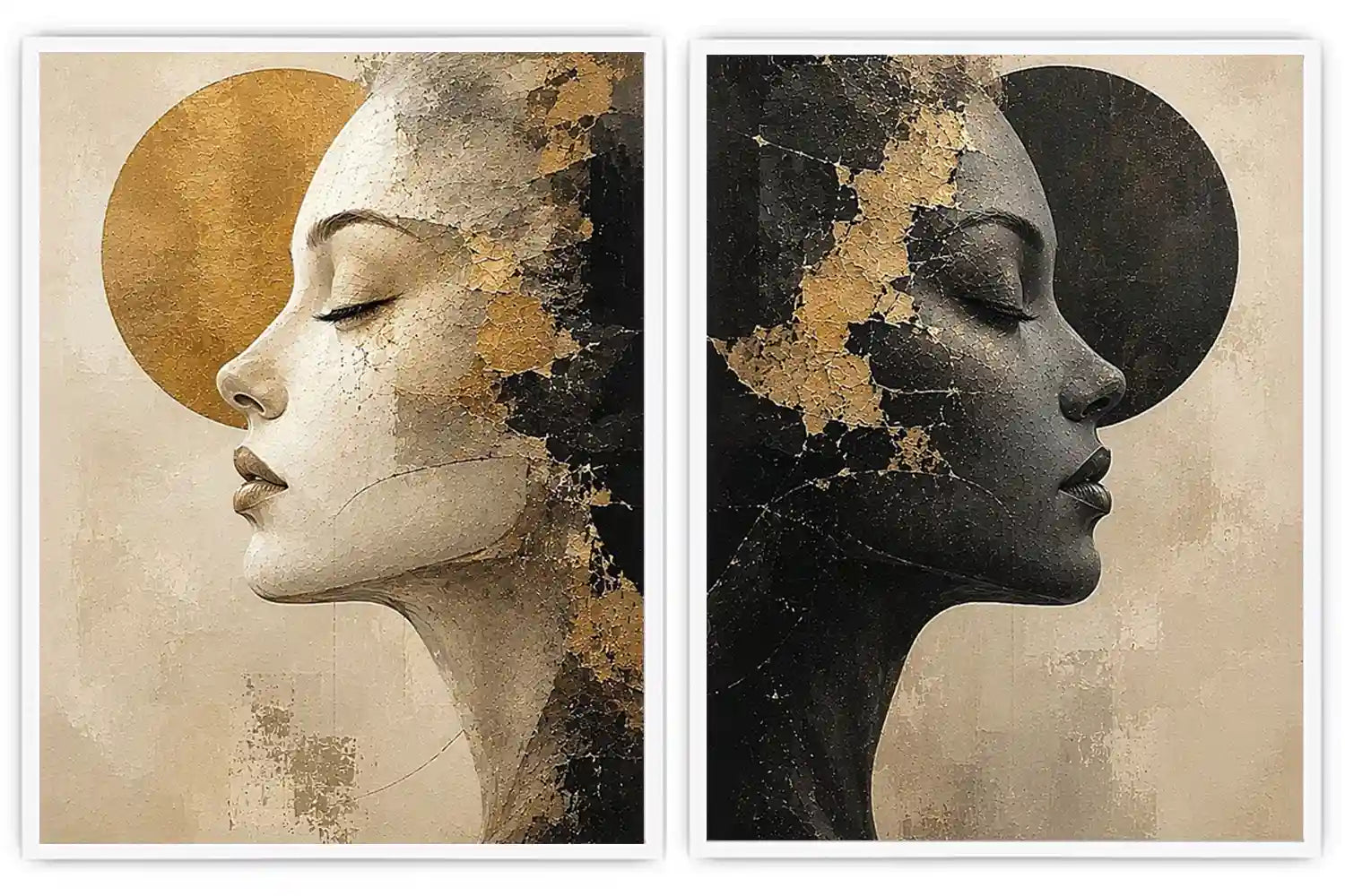 Abstract female profile diptych canvas art in black, beige and gold for luxury living room decor.