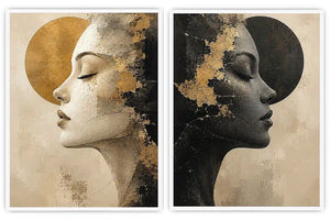 Abstract female profile diptych canvas art in black, beige and gold for luxury living room decor.