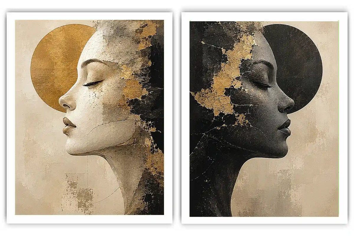 Abstract female profile diptych canvas art in black, beige and gold for luxury living room decor.