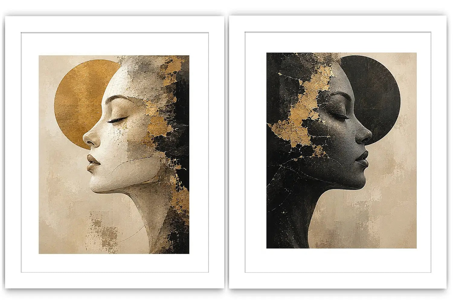 Abstract female profile diptych canvas art in black, beige and gold for luxury living room decor.
