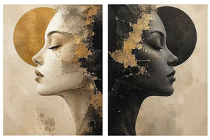 Abstract female profile diptych canvas art in black, beige and gold for luxury living room decor.