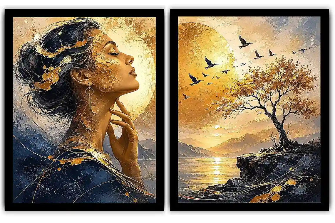 Elegant female portrait and sunset landscape diptych canvas art for luxury living room decor.