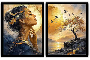 Elegant female portrait and sunset landscape diptych canvas art for luxury living room decor.