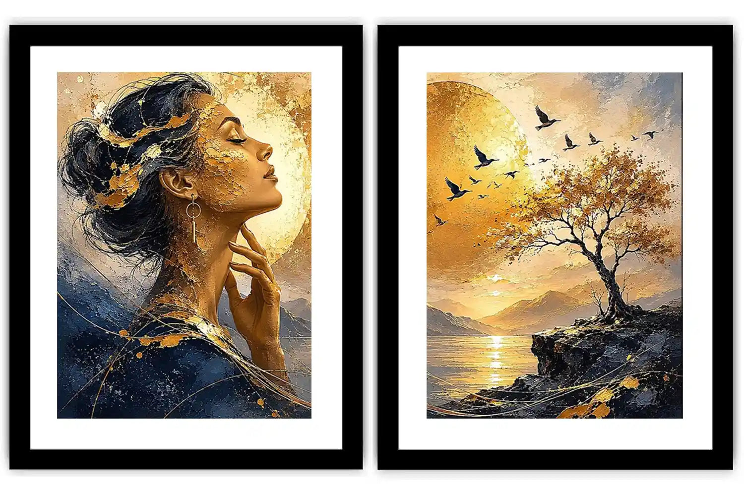 Elegant female portrait and sunset landscape diptych canvas art for luxury living room decor.