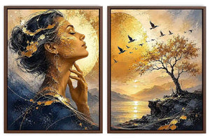 Elegant female portrait and sunset landscape diptych canvas art for luxury living room decor.