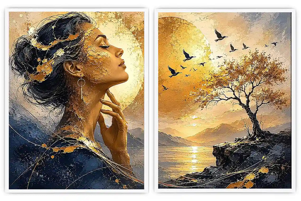 Elegant female portrait and sunset landscape diptych canvas art for luxury living room decor.