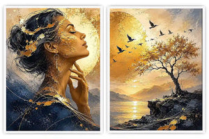 Elegant female portrait and sunset landscape diptych canvas art for luxury living room decor.