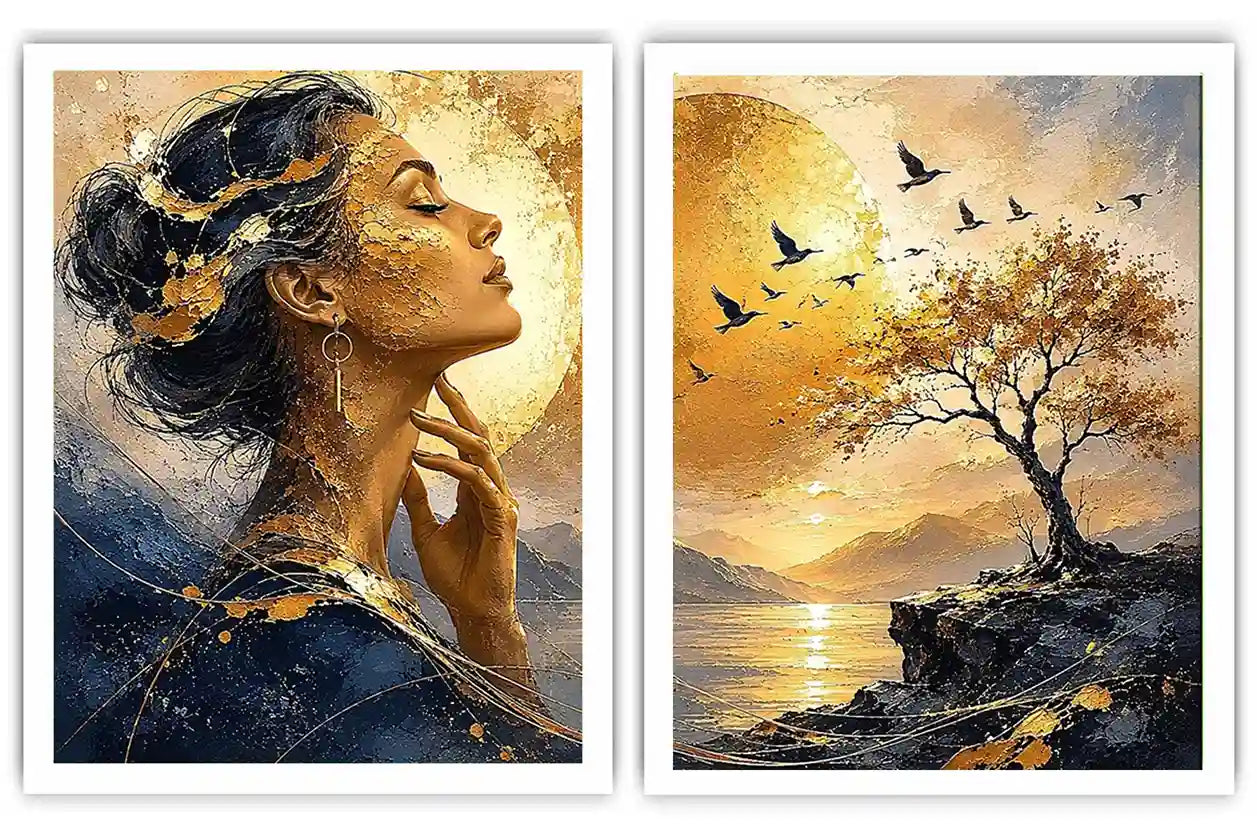 Elegant female portrait and sunset landscape diptych canvas art for luxury living room decor.